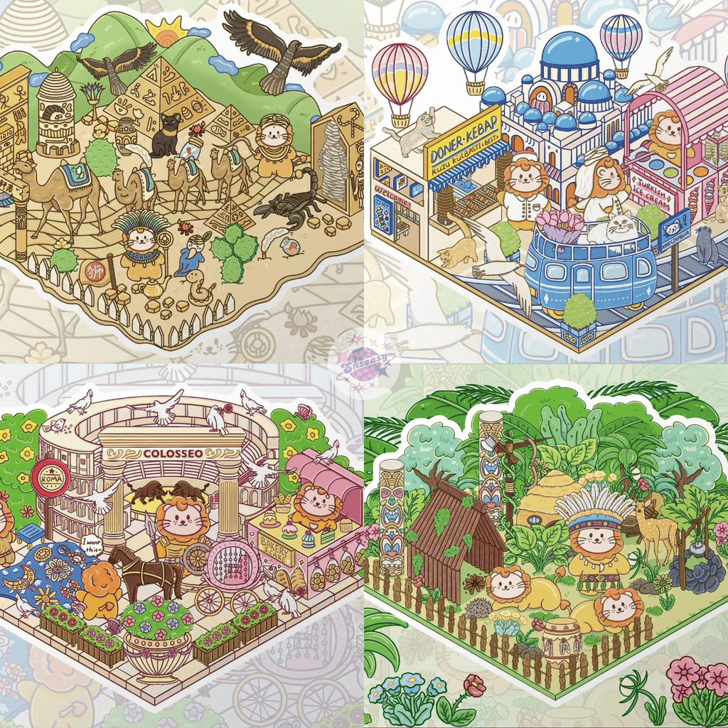 Lion’s World Tour – 3D Miniature Scene Stickers – 4 Theme Sets: Egypt Pyramid | Roman Colosseum | Jungle Tribe | Romantic Turkey