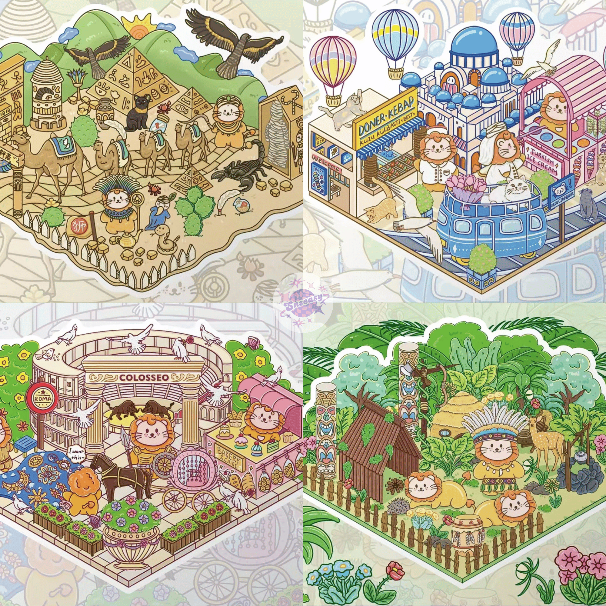 Lion’s World Tour – 3D Miniature Scene Stickers – 4 Theme Sets: Egypt Pyramid | Roman Colosseum | Jungle Tribe | Romantic Turkey