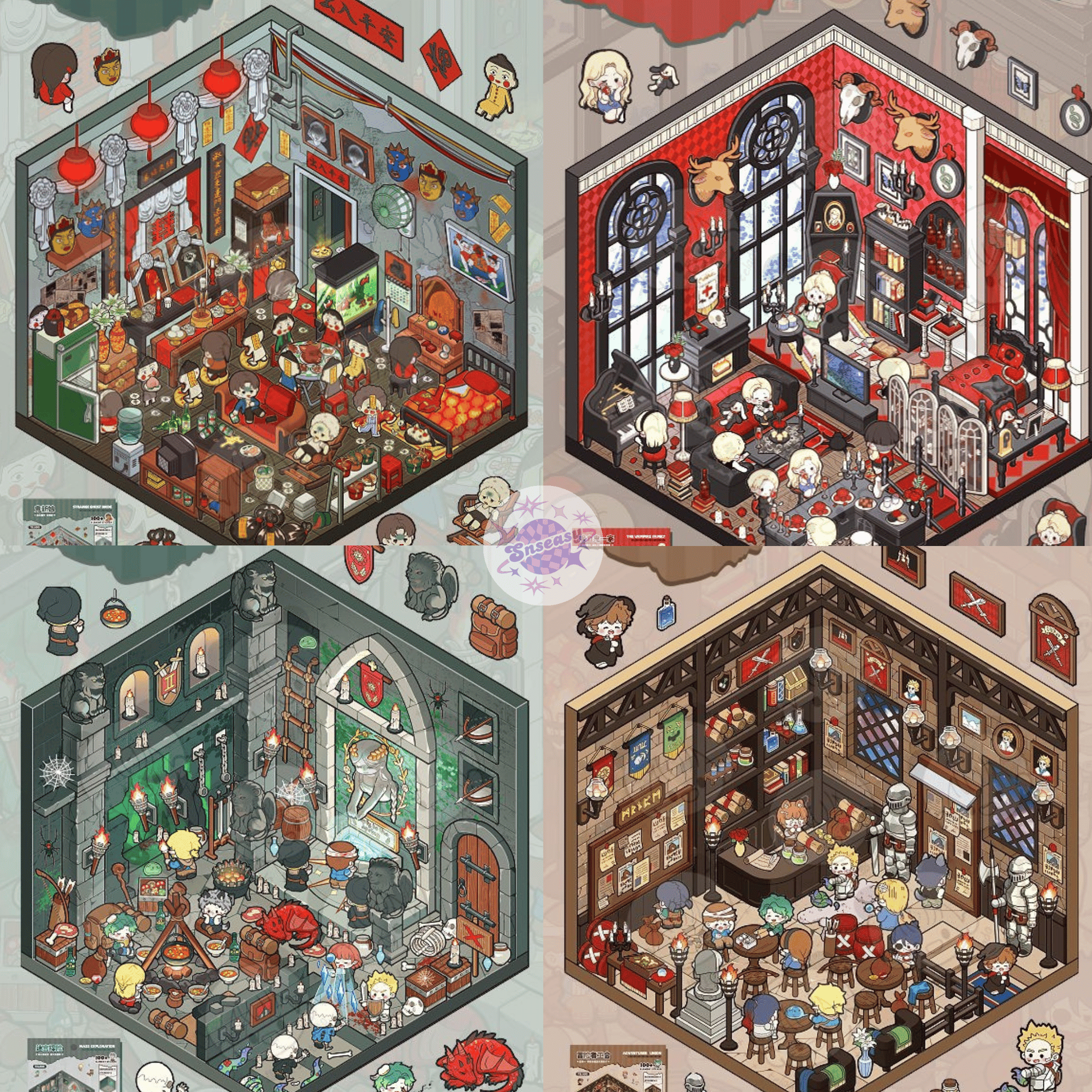 Horror Adventure Series – 3D Miniature Scene Stickers – 4 Theme Sets: Adventurers’ Guild | Labyrinth Quest | Wedding with a Ghost Bride | Vampire Family