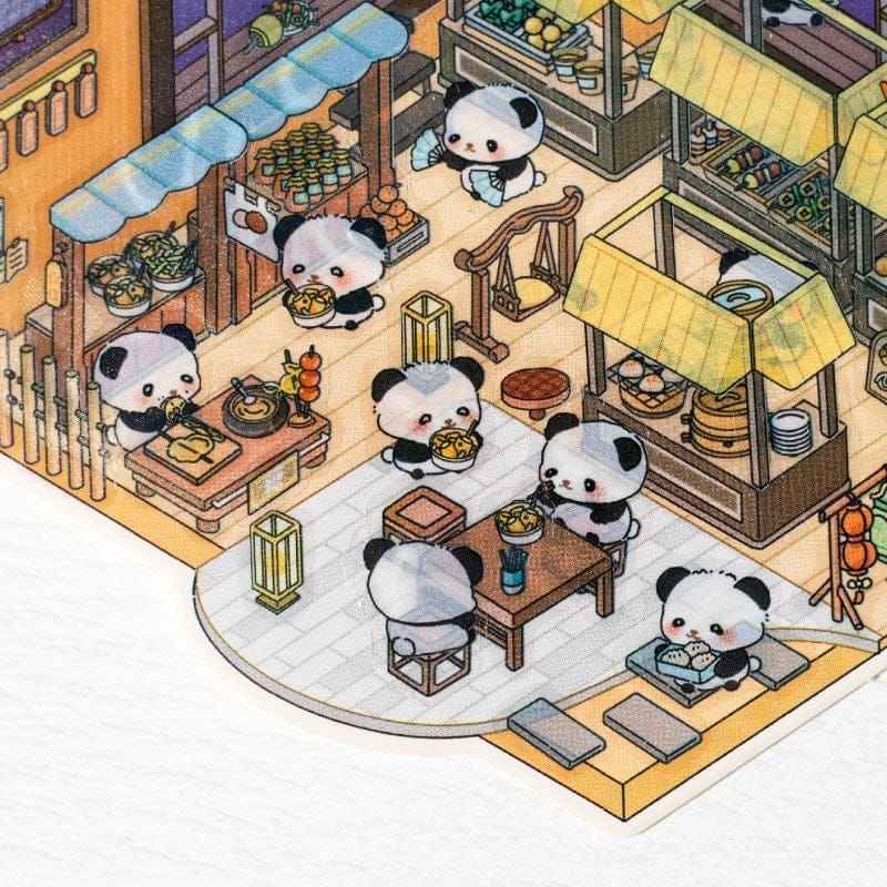 Chinese Panda 3D Isometric Room Stickers - 4 Theme Sets: Panda Tea Bar | Panda Market | Panda Hot Springs | Panda Study Room