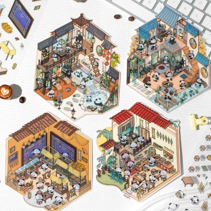 Chinese Panda 3D Isometric Room Stickers - 4 Theme Sets: Panda Tea Bar | Panda Market | Panda Hot Springs | Panda Study Room