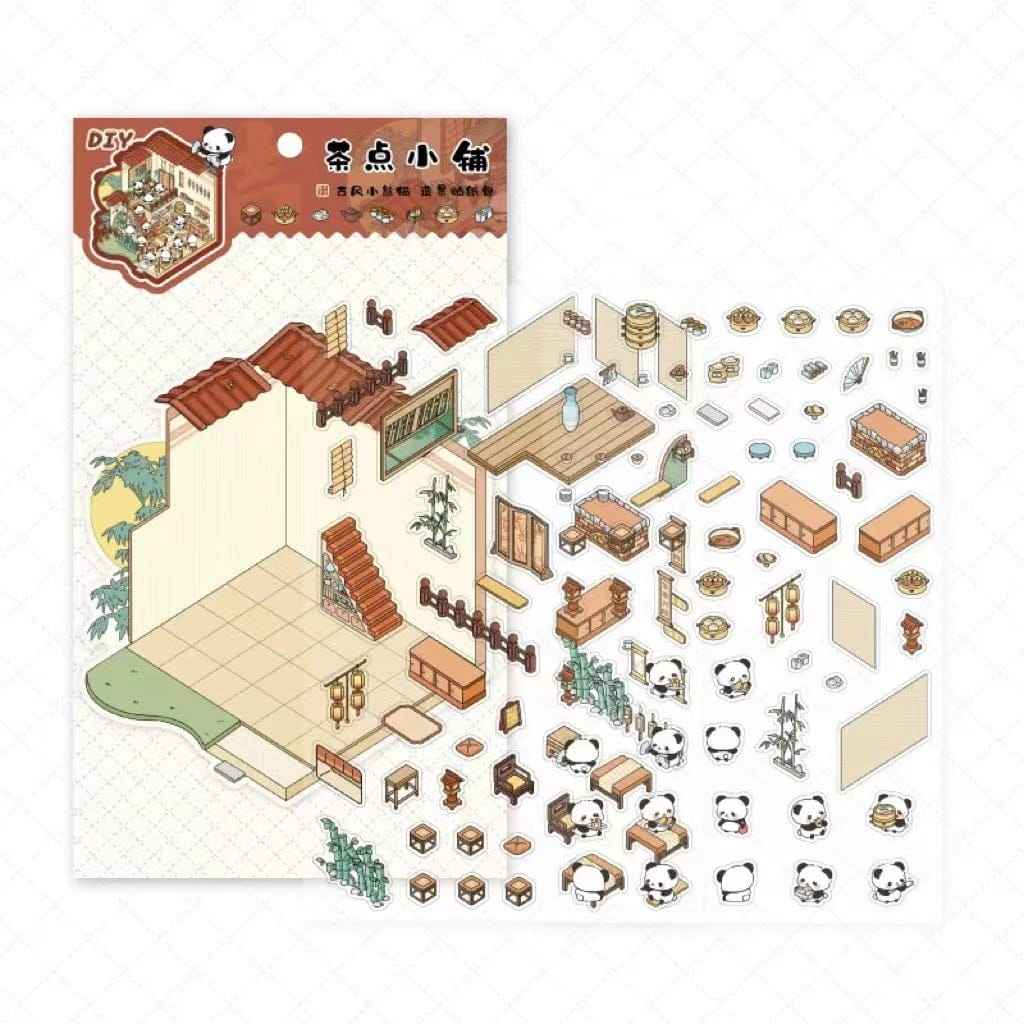 Chinese Panda 3D Isometric Room Stickers - 4 Theme Sets: Panda Tea Bar | Panda Market | Panda Hot Springs | Panda Study Room