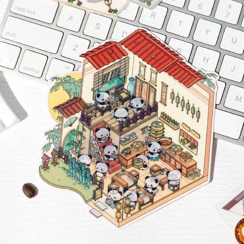 Chinese Panda 3D Isometric Room Stickers - 4 Theme Sets: Panda Tea Bar | Panda Market | Panda Hot Springs | Panda Study Room