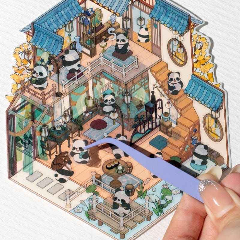 Chinese Panda 3D Isometric Room Stickers - 4 Theme Sets: Panda Tea Bar | Panda Market | Panda Hot Springs | Panda Study Room