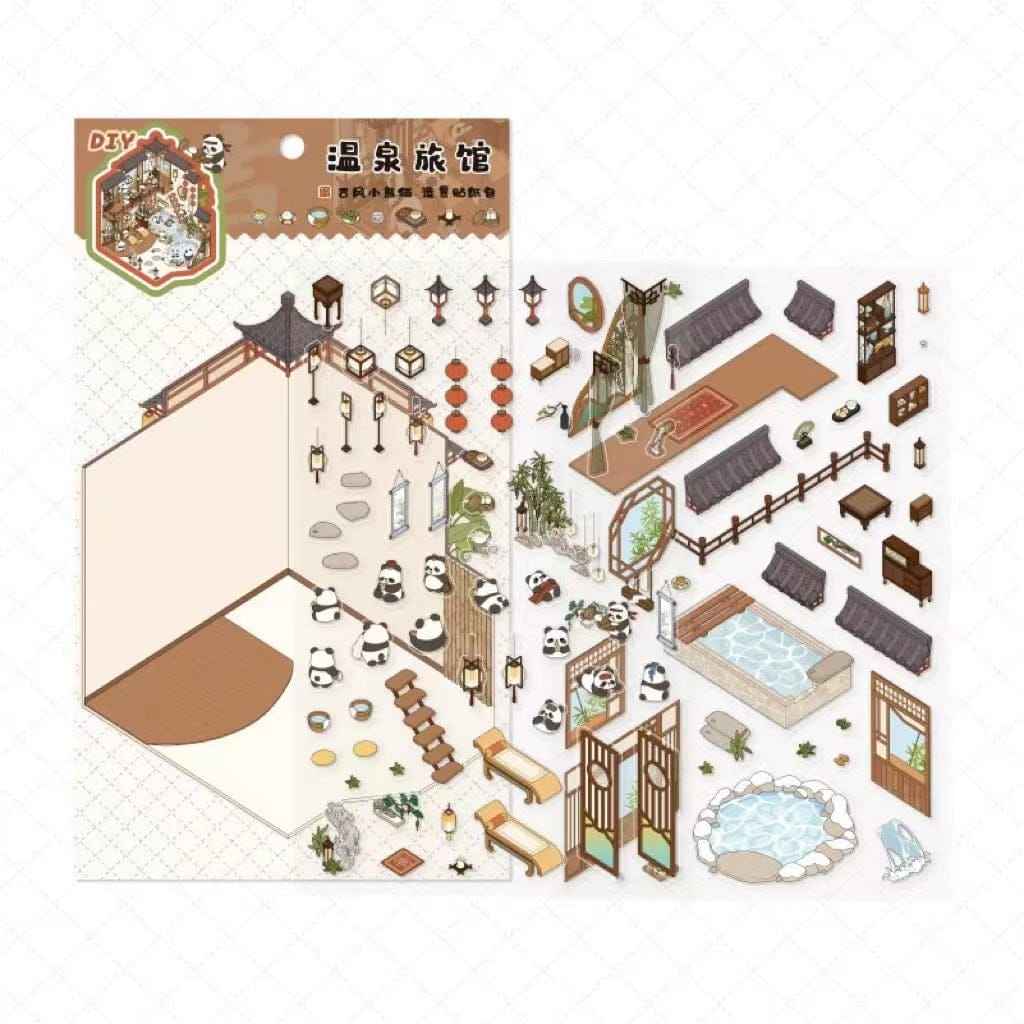 Chinese Panda 3D Isometric Room Stickers - 4 Theme Sets: Panda Tea Bar | Panda Market | Panda Hot Springs | Panda Study Room