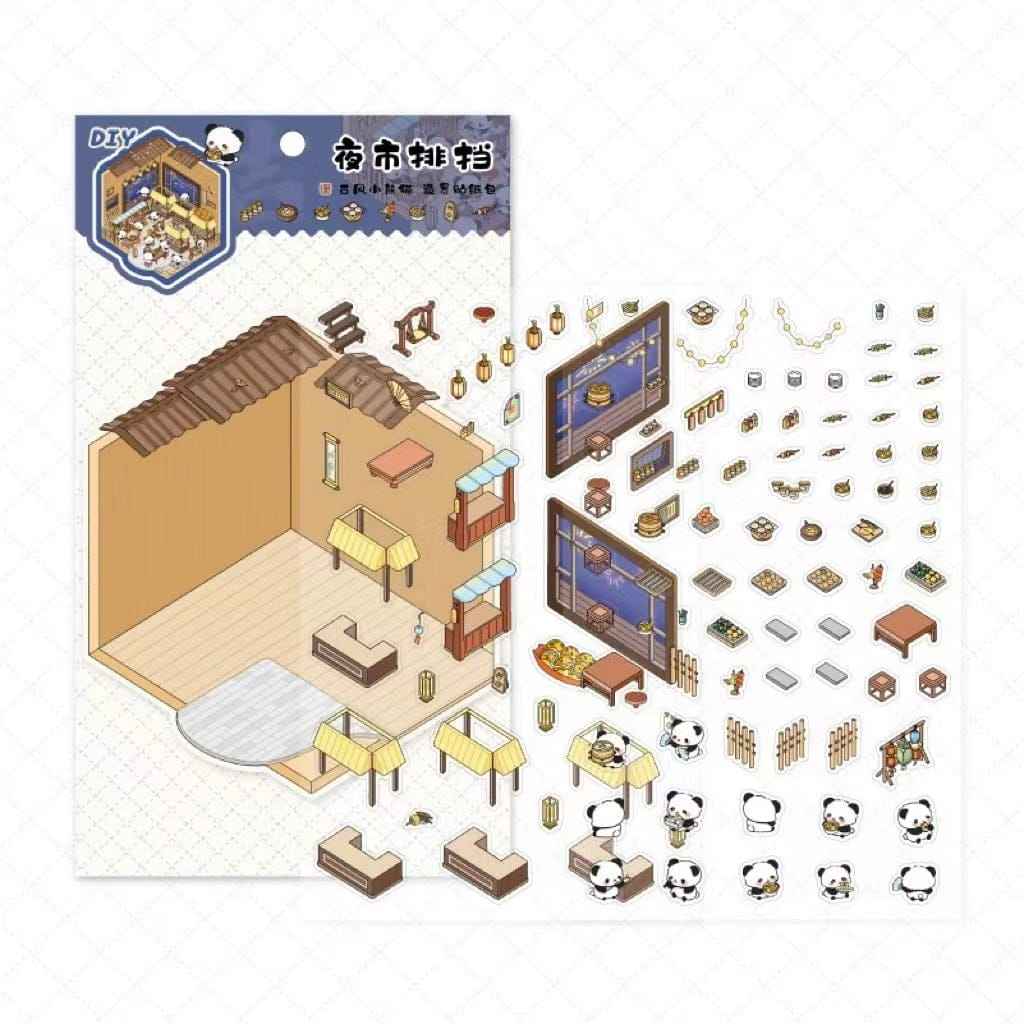 Chinese Panda 3D Isometric Room Stickers - 4 Theme Sets: Panda Tea Bar | Panda Market | Panda Hot Springs | Panda Study Room