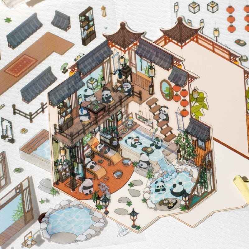 Chinese Panda 3D Isometric Room Stickers - 4 Theme Sets: Panda Tea Bar | Panda Market | Panda Hot Springs | Panda Study Room