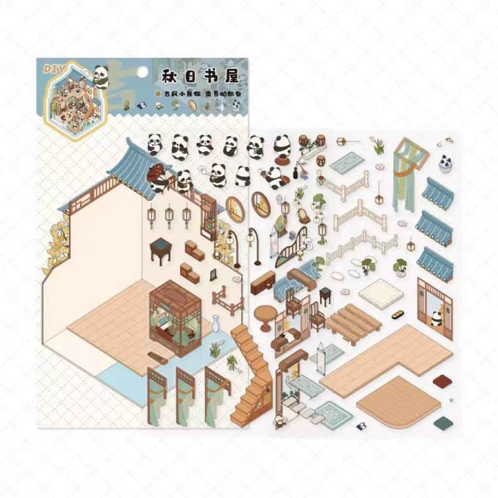 Chinese Panda 3D Isometric Room Stickers - 4 Theme Sets: Panda Tea Bar | Panda Market | Panda Hot Springs | Panda Study Room