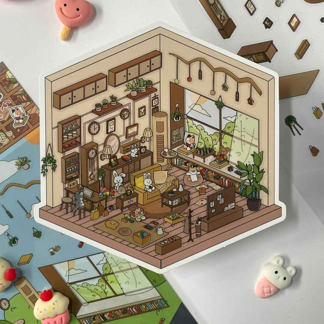 Cute Home 3D Isometric Room Stickers - 4 Theme Sets: Bedroom | Apartment | Kitchen | Living Room