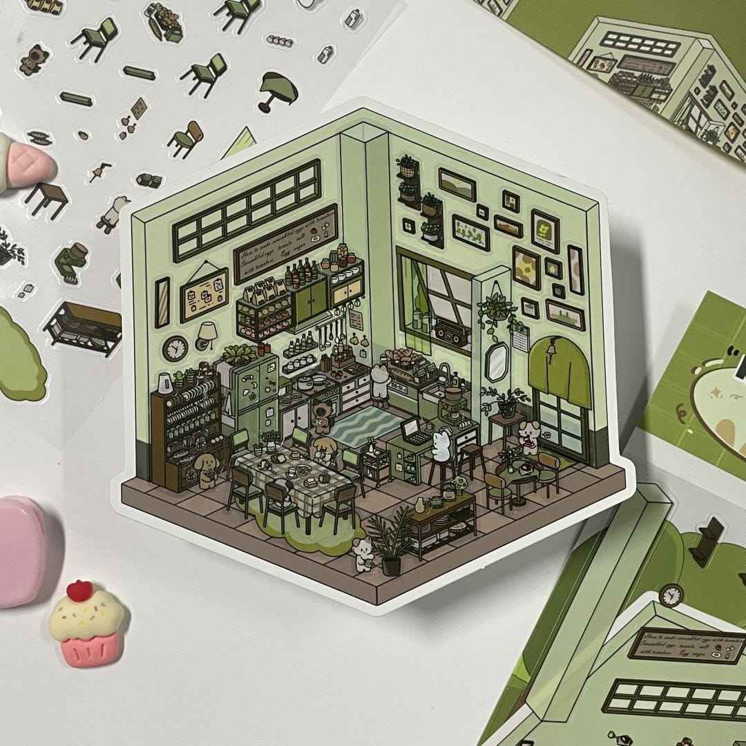 Cute Home 3D Isometric Room Stickers - 4 Theme Sets: Bedroom | Apartment | Kitchen | Living Room