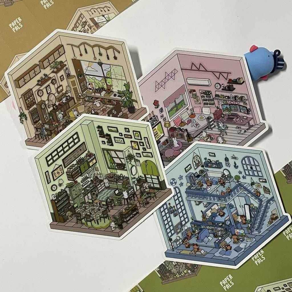 Cute Home 3D Isometric Room Stickers - 4 Theme Sets: Bedroom | Apartment | Kitchen | Living Room