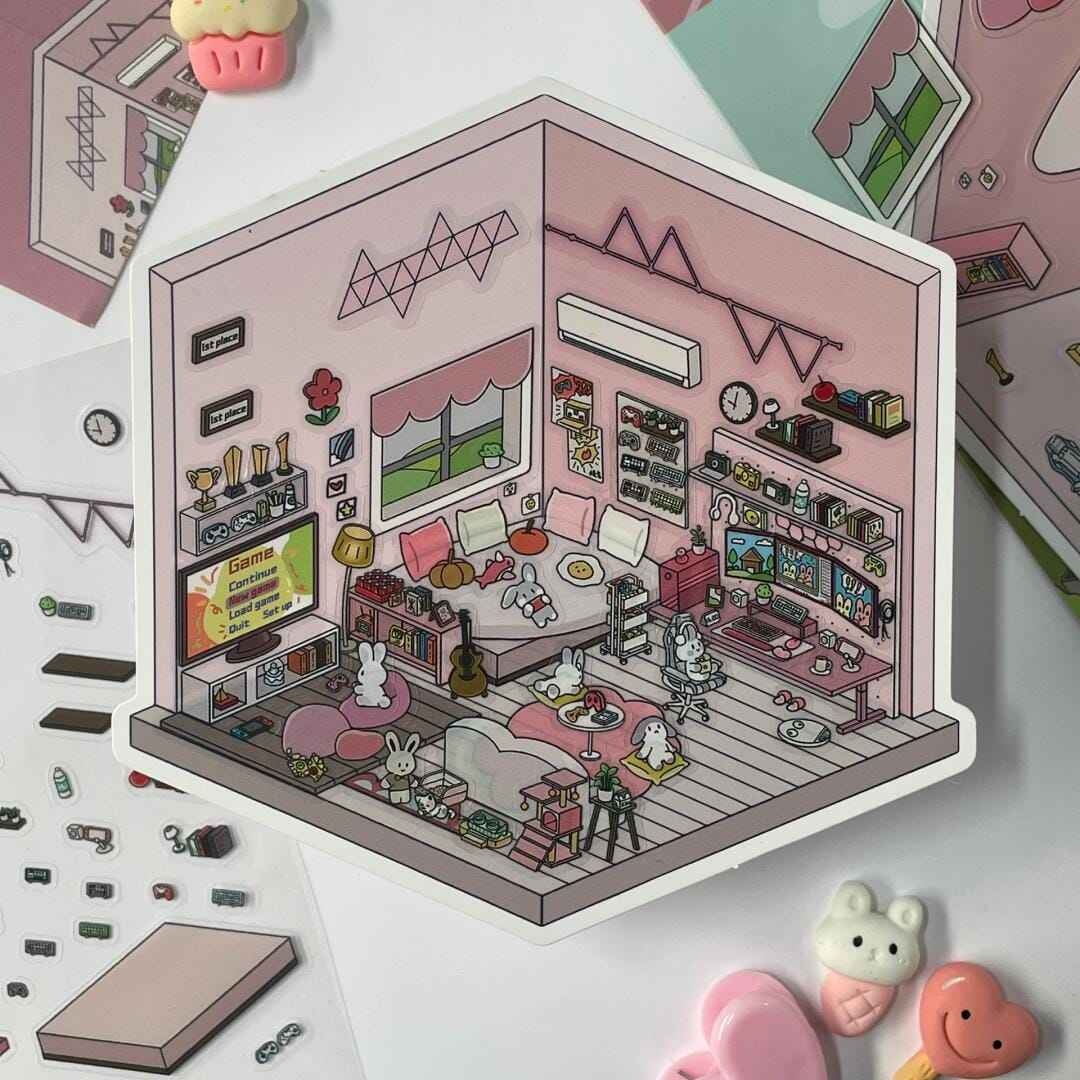 Cute Home 3D Isometric Room Stickers - 4 Theme Sets: Bedroom | Apartment | Kitchen | Living Room