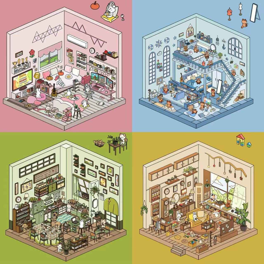 Cute Home 3D Isometric Room Stickers - 4 Theme Sets: Bedroom | Apartment | Kitchen | Living Room