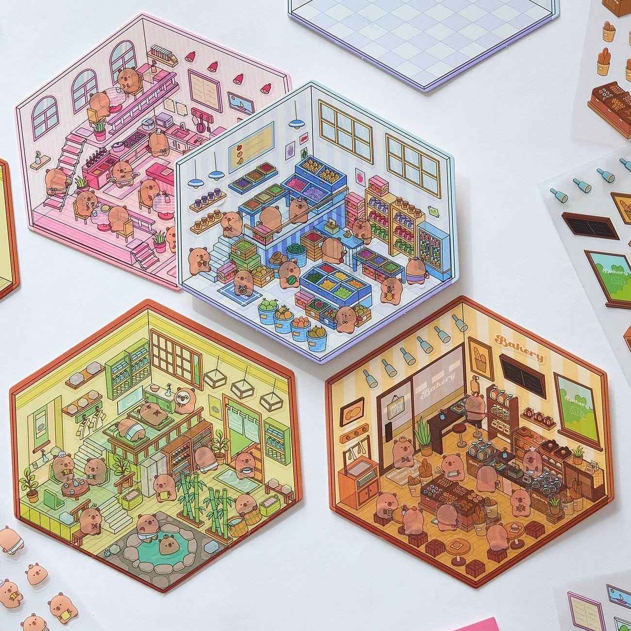 Cute Capybara 3D Isometric Room Stickers - 4 Theme Sets: Restaurant | Hot Spring | Baking Shop | Fruit Shop