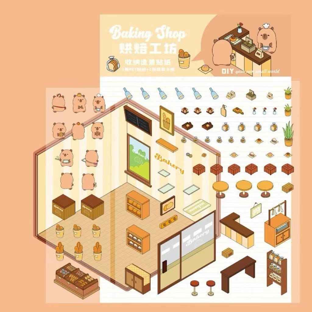 Cute Capybara 3D Isometric Room Stickers - 4 Theme Sets: Restaurant | Hot Spring | Baking Shop | Fruit Shop