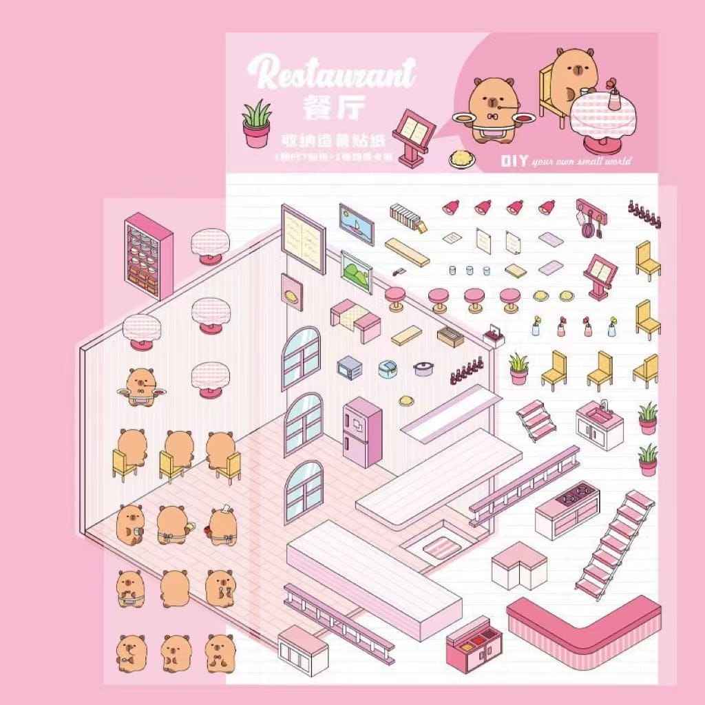 Cute Capybara 3D Isometric Room Stickers - 4 Theme Sets: Restaurant | Hot Spring | Baking Shop | Fruit Shop