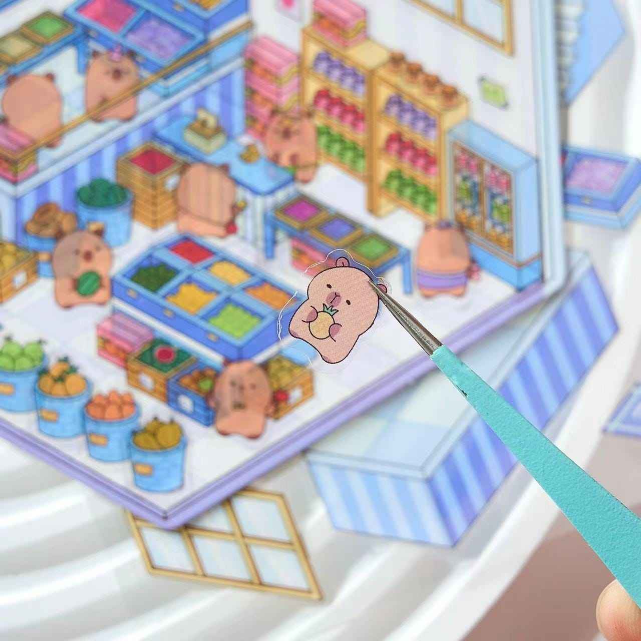 Cute Capybara 3D Isometric Room Stickers - 4 Theme Sets: Restaurant | Hot Spring | Baking Shop | Fruit Shop