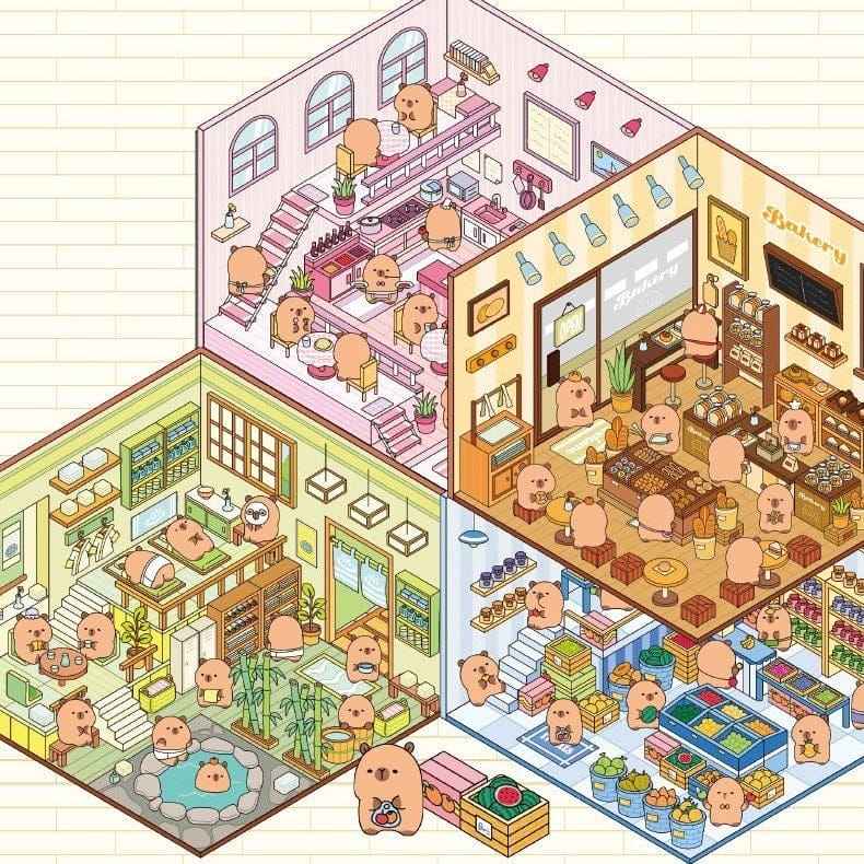 Cute Capybara 3D Isometric Room Stickers - 4 Theme Sets: Restaurant | Hot Spring | Baking Shop | Fruit Shop