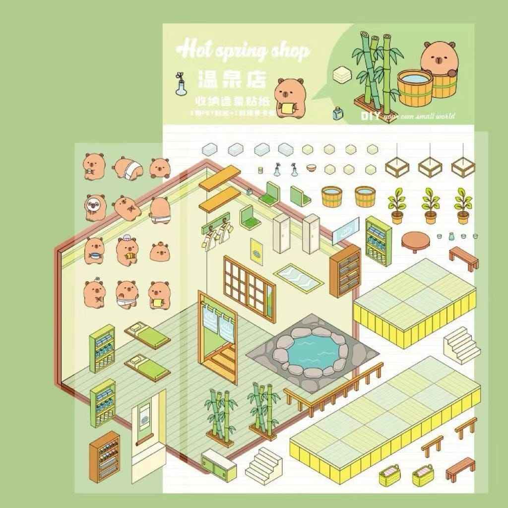 Cute Capybara 3D Isometric Room Stickers - 4 Theme Sets: Restaurant | Hot Spring | Baking Shop | Fruit Shop