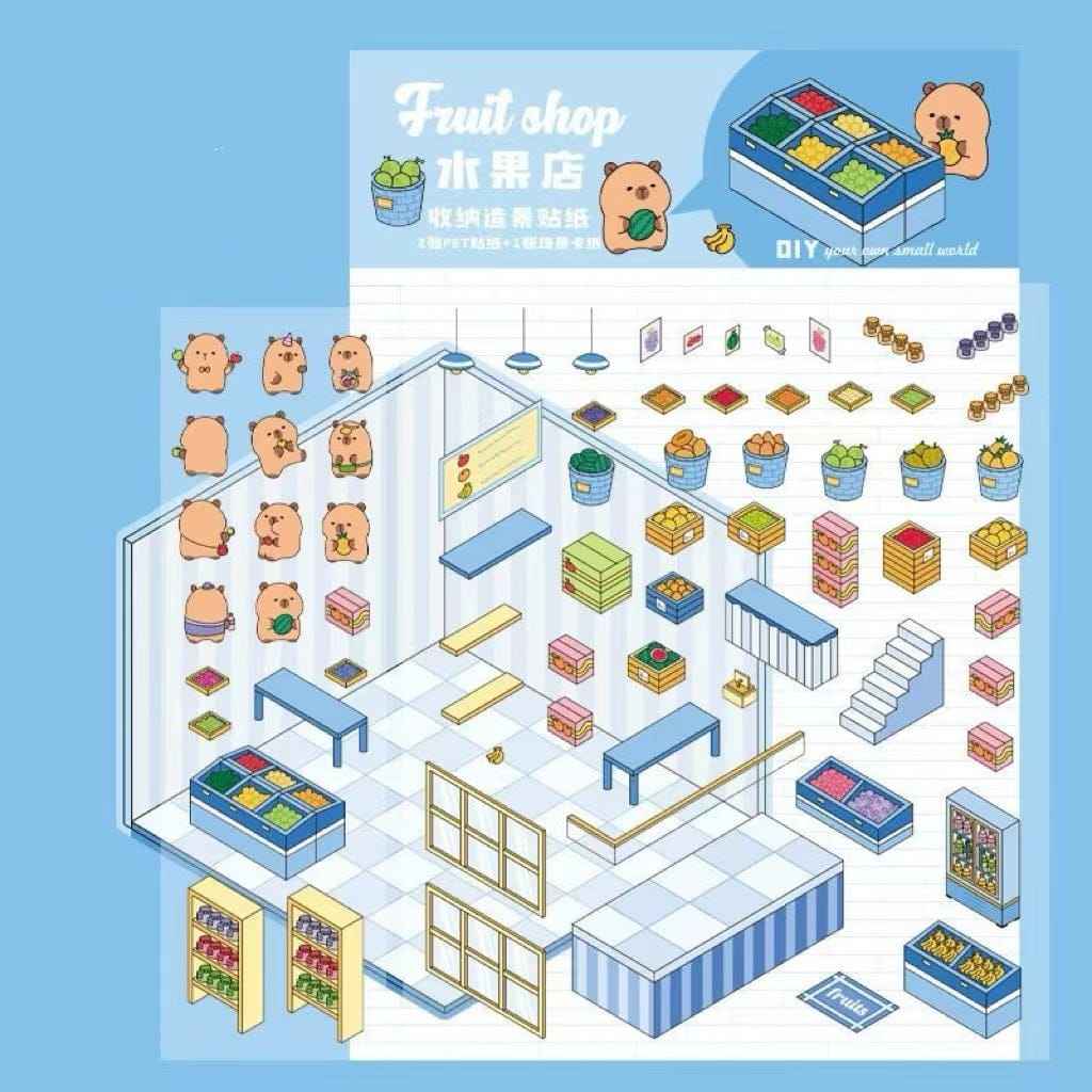 Cute Capybara 3D Isometric Room Stickers - 4 Theme Sets: Restaurant | Hot Spring | Baking Shop | Fruit Shop