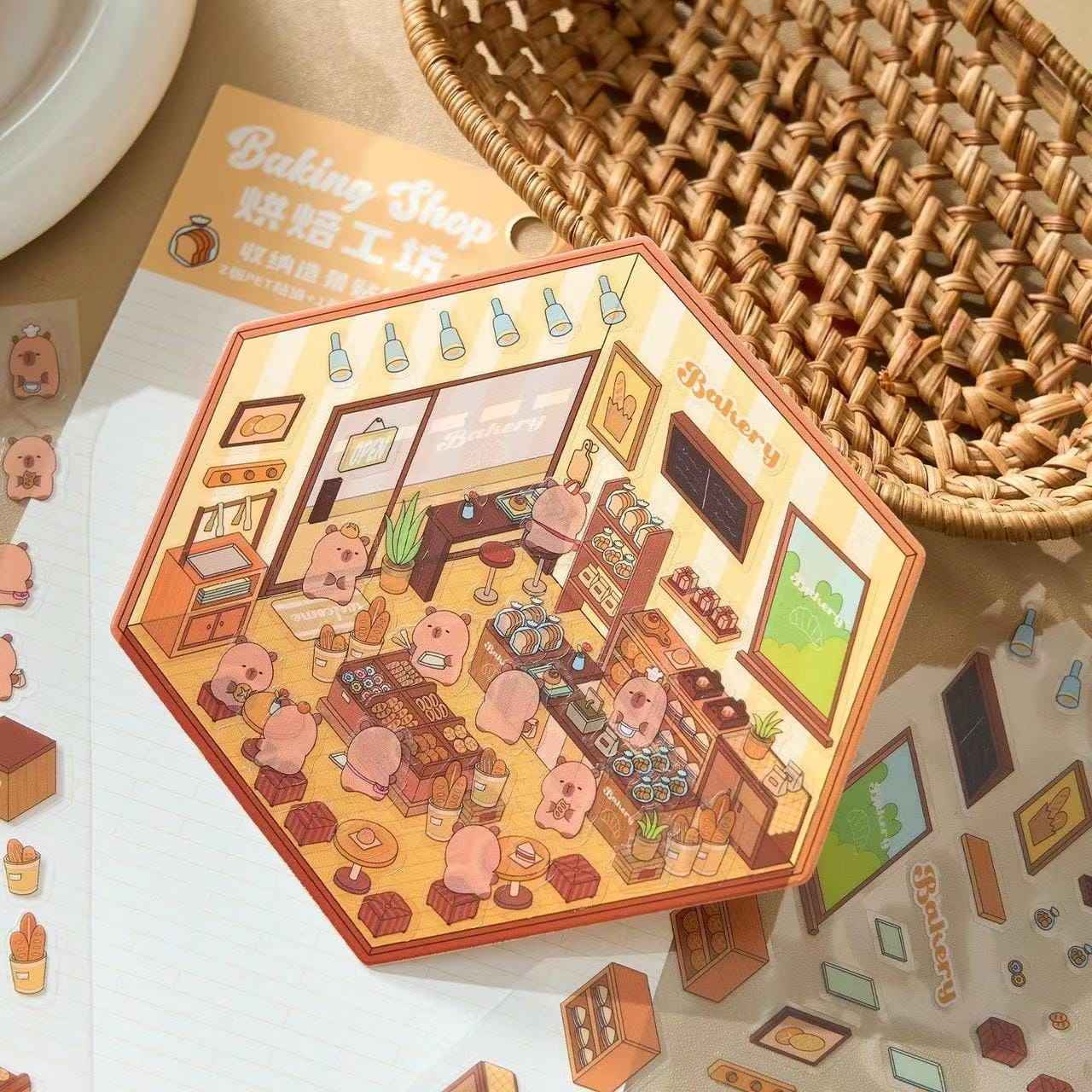 Cute Capybara 3D Isometric Room Stickers - 4 Theme Sets: Restaurant | Hot Spring | Baking Shop | Fruit Shop