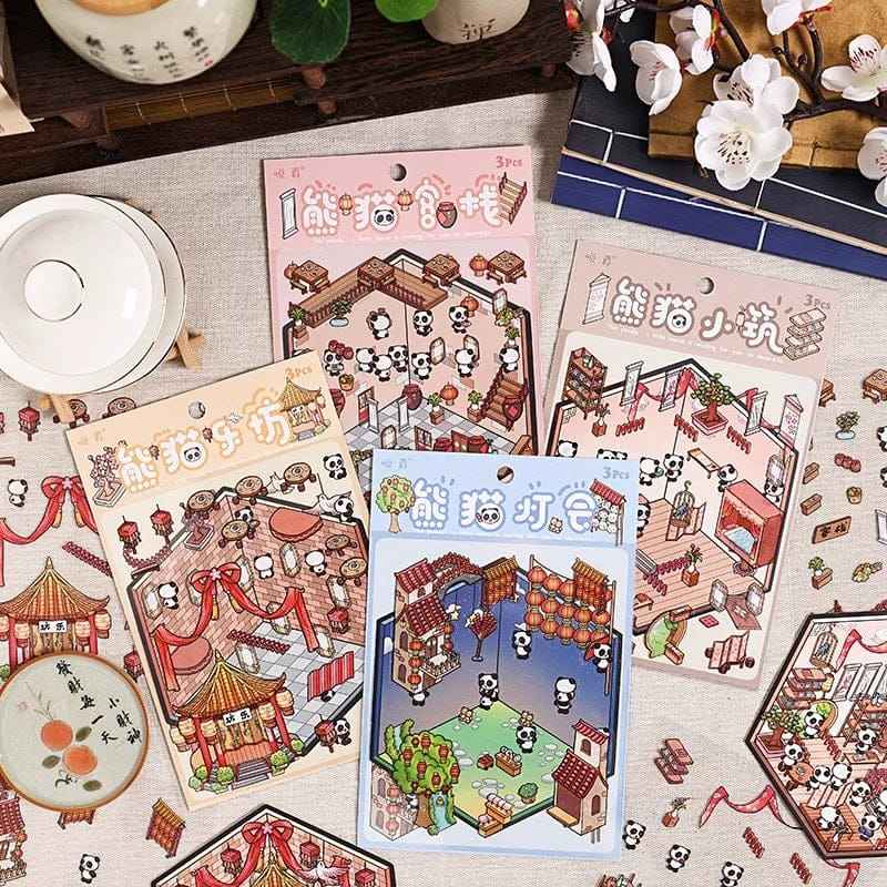 Chinese New Year Panda 3D Isometric Room Stickers - 4 Theme Sets: Panda House | Panda Lantern Fair | Panda Music Place | Panda Inn
