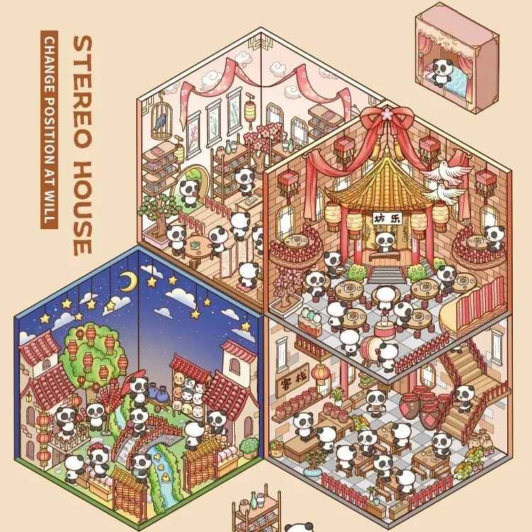 Chinese New Year Panda 3D Isometric Room Stickers - 4 Theme Sets: Panda House | Panda Lantern Fair | Panda Music Place | Panda Inn