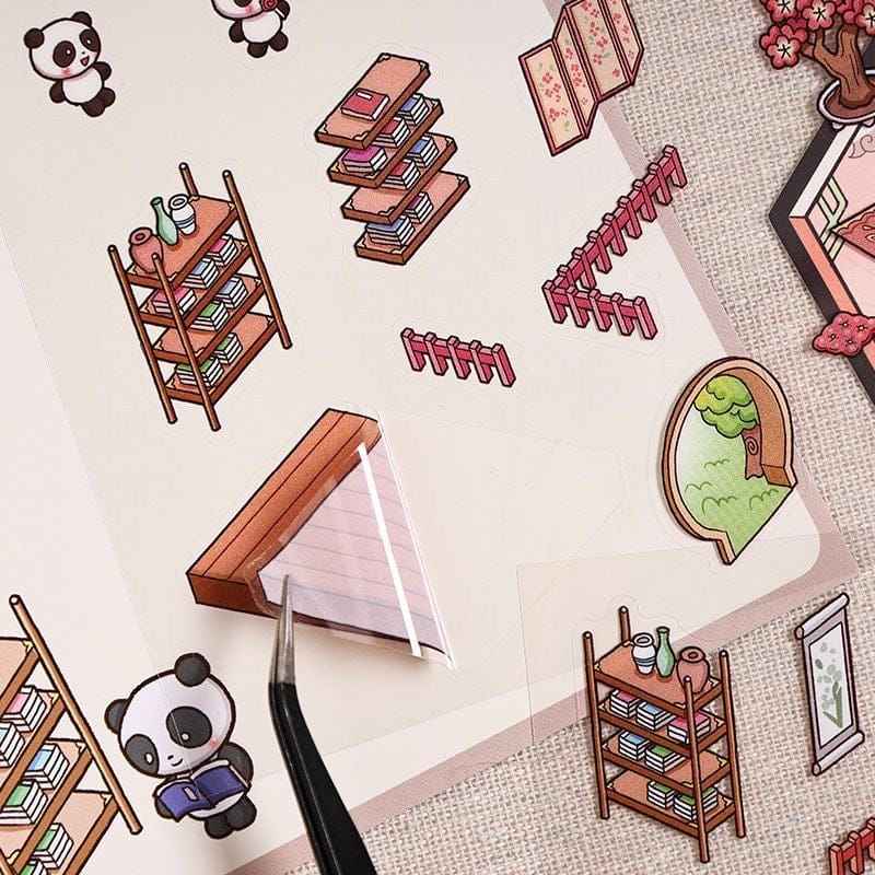 Chinese New Year Panda 3D Isometric Room Stickers - 4 Theme Sets: Panda House | Panda Lantern Fair | Panda Music Place | Panda Inn
