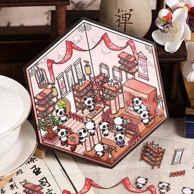 Chinese New Year Panda 3D Isometric Room Stickers - 4 Theme Sets: Panda House | Panda Lantern Fair | Panda Music Place | Panda Inn
