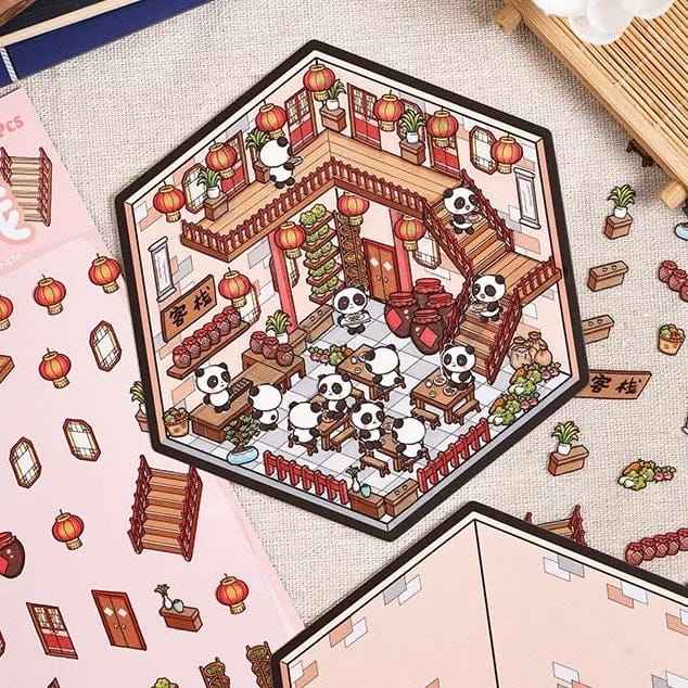 Chinese New Year Panda 3D Isometric Room Stickers - 4 Theme Sets: Panda House | Panda Lantern Fair | Panda Music Place | Panda Inn