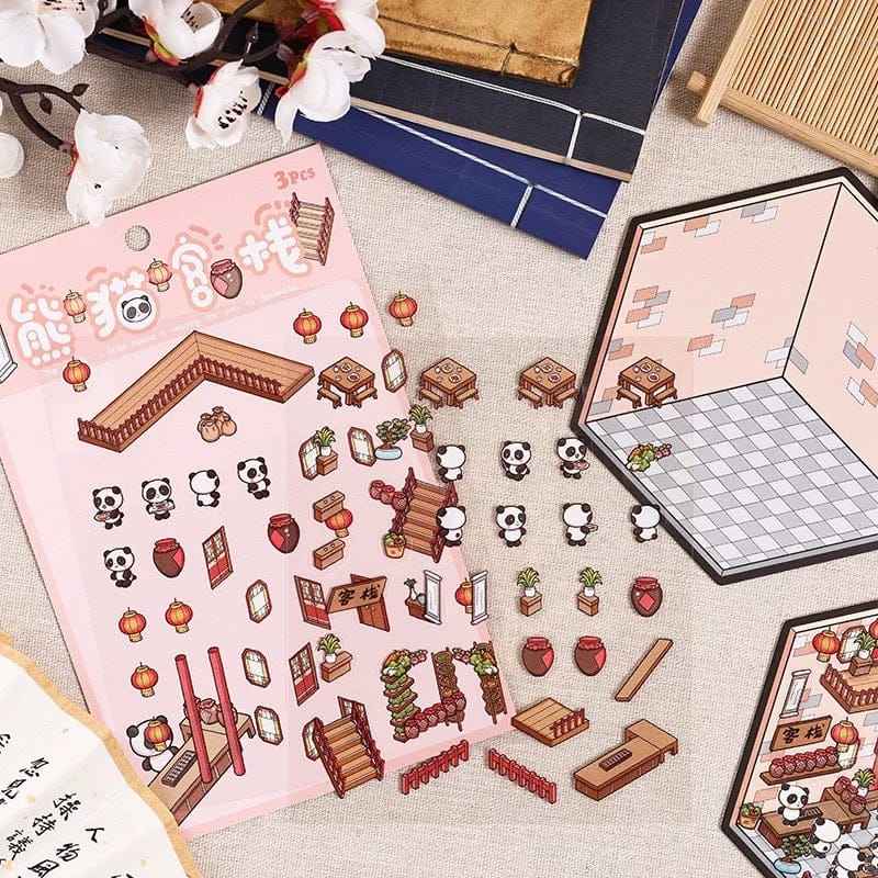 Chinese New Year Panda 3D Isometric Room Stickers - 4 Theme Sets: Panda House | Panda Lantern Fair | Panda Music Place | Panda Inn