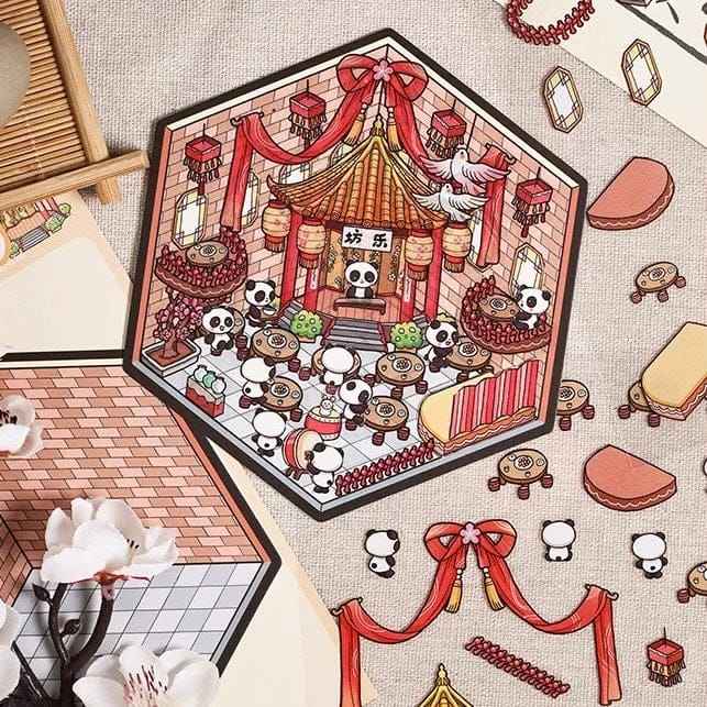 Chinese New Year Panda 3D Isometric Room Stickers - 4 Theme Sets: Panda House | Panda Lantern Fair | Panda Music Place | Panda Inn