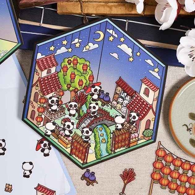 Chinese New Year Panda 3D Isometric Room Stickers - 4 Theme Sets: Panda House | Panda Lantern Fair | Panda Music Place | Panda Inn