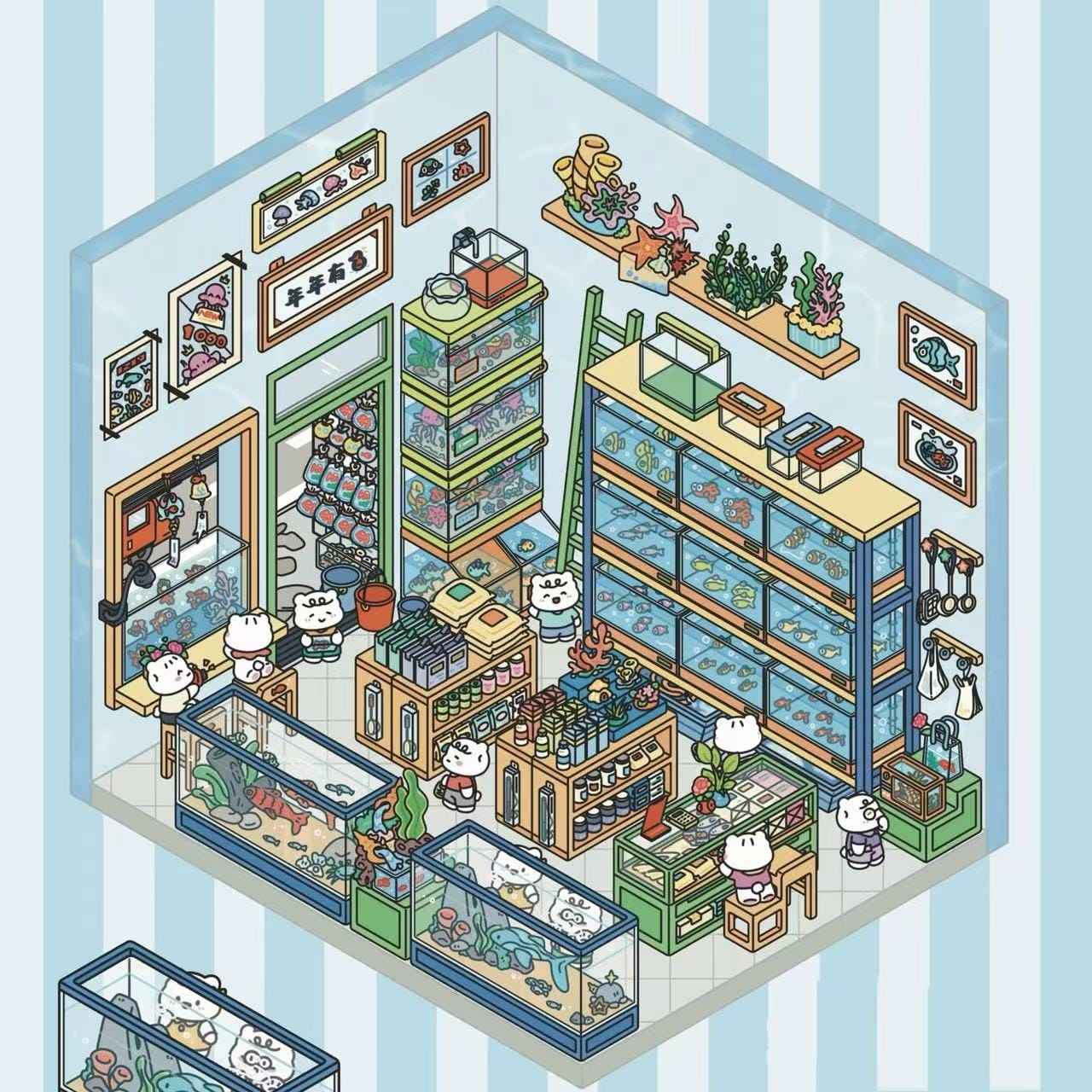 Migi’s Simulation Business 3D Isometric Room Stickers - 4 Theme Sets: Pet Store | Aquarium | Farm | Restaurant