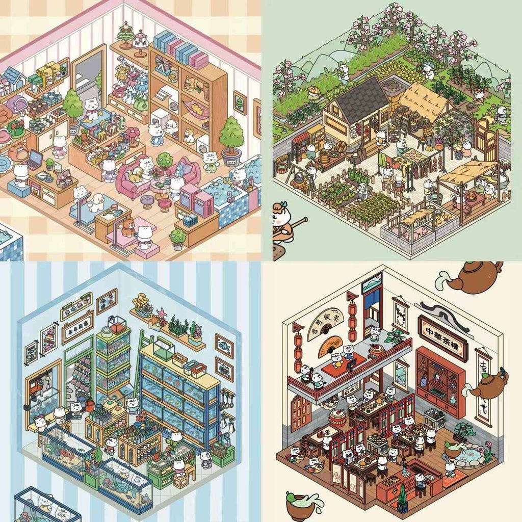 Migi’s Simulation Business 3D Isometric Room Stickers - 4 Theme Sets: Pet Store | Aquarium | Farm | Restaurant