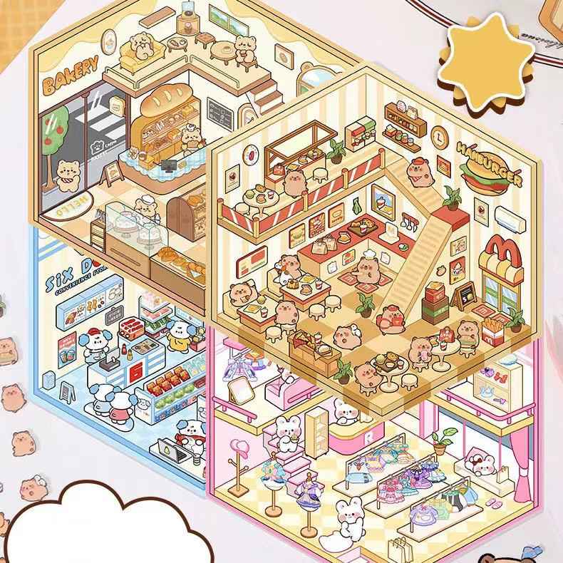 Cute Animal Simulation Business 3D Isometric Room Stickers - 4 Theme Sets: Capybara Hamburger | Puppy Convenience | Bunny Clothing | Bear Bakery