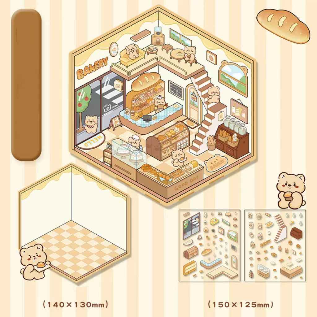 Cute Animal Simulation Business 3D Isometric Room Stickers - 4 Theme Sets: Capybara Hamburger | Puppy Convenience | Bunny Clothing | Bear Bakery