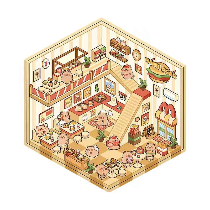 Cute Animal Simulation Business 3D Isometric Room Stickers - 4 Theme Sets: Capybara Hamburger | Puppy Convenience | Bunny Clothing | Bear Bakery