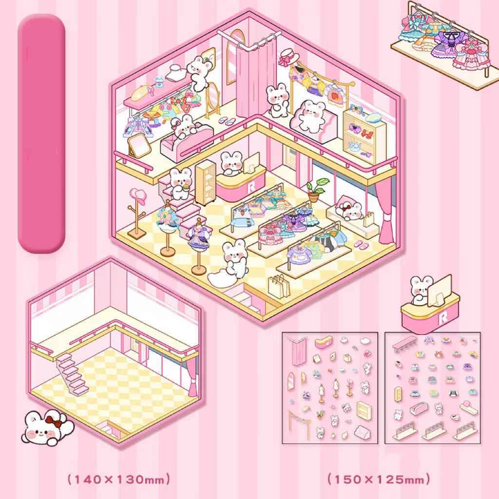 Cute Animal Simulation Business 3D Isometric Room Stickers - 4 Theme Sets: Capybara Hamburger | Puppy Convenience | Bunny Clothing | Bear Bakery