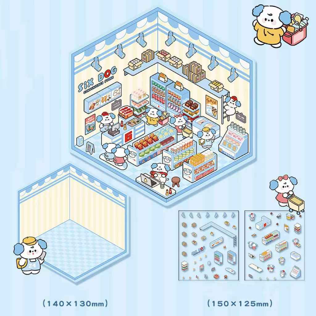Cute Animal Simulation Business 3D Isometric Room Stickers - 4 Theme Sets: Capybara Hamburger | Puppy Convenience | Bunny Clothing | Bear Bakery