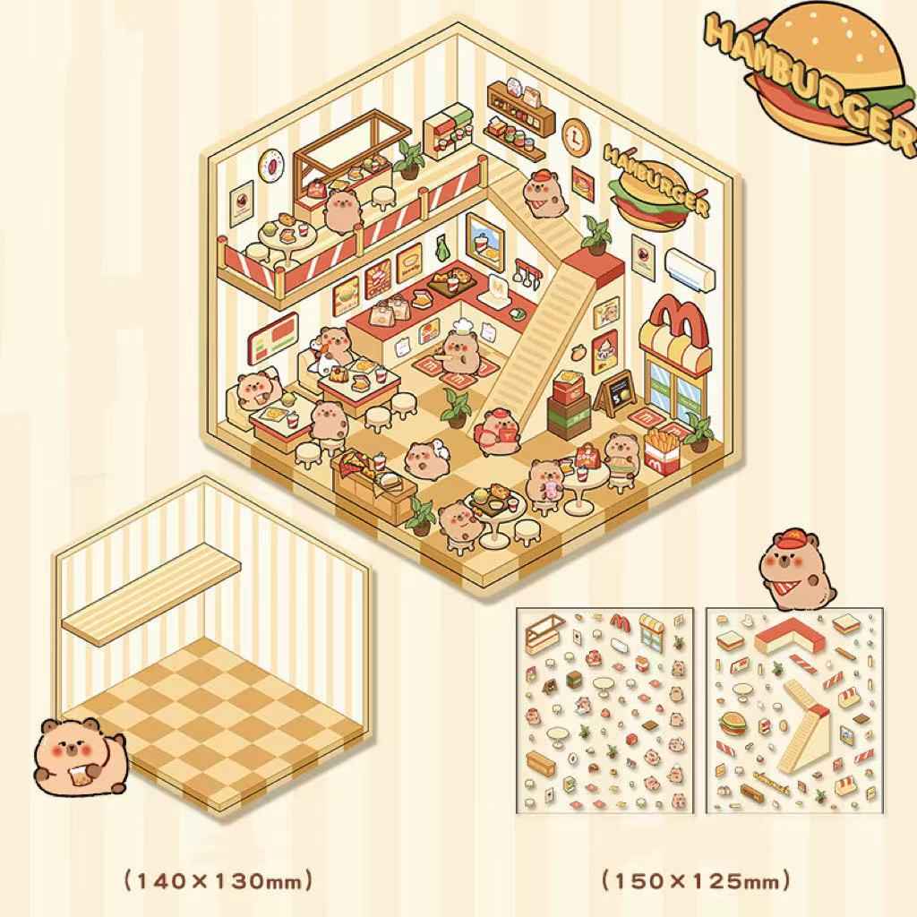 Cute Animal Simulation Business 3D Isometric Room Stickers - 4 Theme Sets: Capybara Hamburger | Puppy Convenience | Bunny Clothing | Bear Bakery