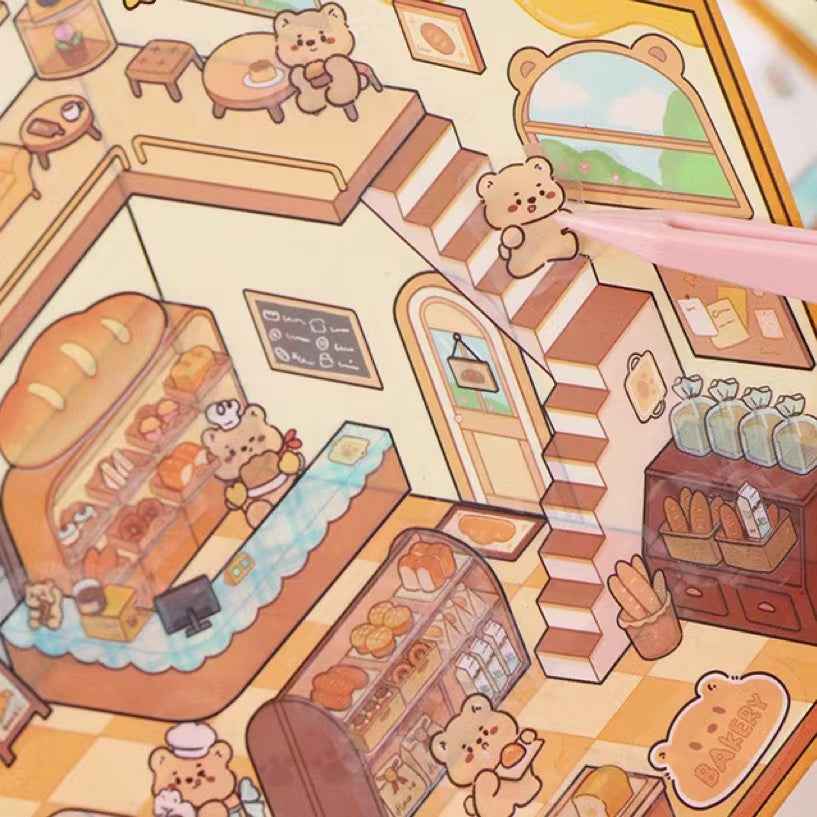 Cute Animal Simulation Business 3D Isometric Room Stickers - 4 Theme Sets: Capybara Hamburger | Puppy Convenience | Bunny Clothing | Bear Bakery