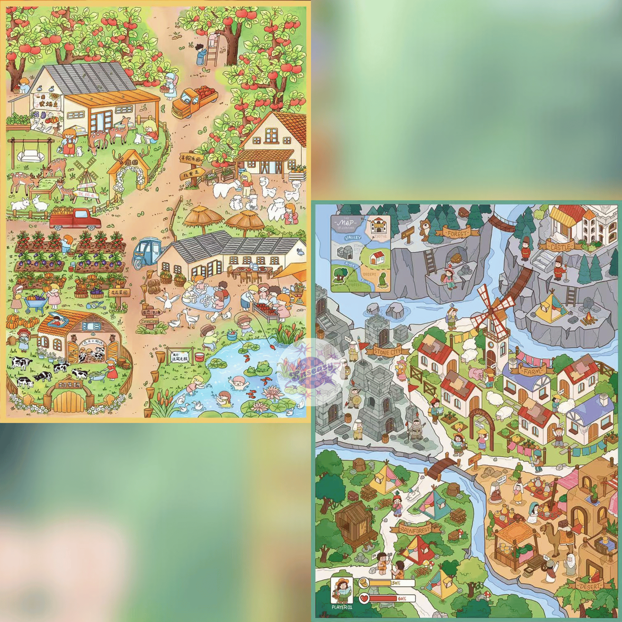 Game Simulation – 3D Miniature Scene Stickers – 2 Theme Sets: Farm Simulation | Adventurer’s Town