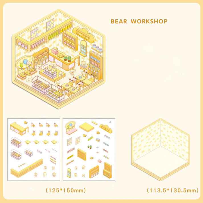 Cute Animal 4.0 3D Isometric Room Stickers - 8 Theme Sets: Sheep Hut | Rabbit Class | Dogs Bookstore | Bear Workshop | Piggy Restaurant | Devil Cat | Mouse House | Raccoon Noodle Shop
