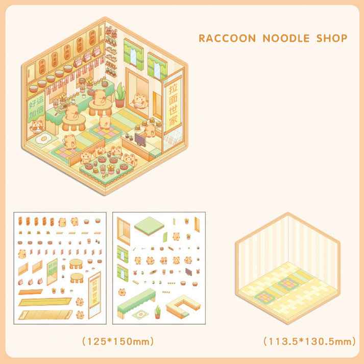 Cute Animal 4.0 3D Isometric Room Stickers - 8 Theme Sets: Sheep Hut | Rabbit Class | Dogs Bookstore | Bear Workshop | Piggy Restaurant | Devil Cat | Mouse House | Raccoon Noodle Shop