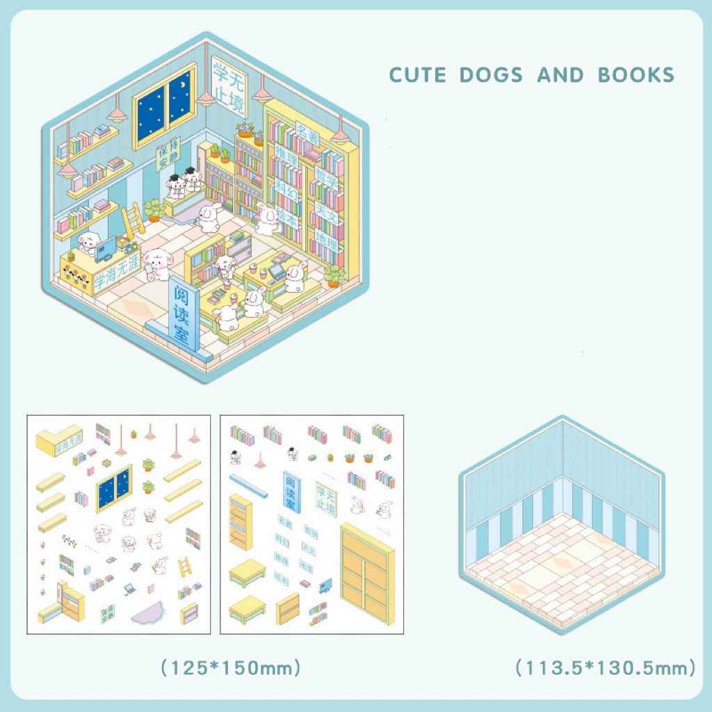 Cute Animal 4.0 3D Isometric Room Stickers - 8 Theme Sets: Sheep Hut | Rabbit Class | Dogs Bookstore | Bear Workshop | Piggy Restaurant | Devil Cat | Mouse House | Raccoon Noodle Shop