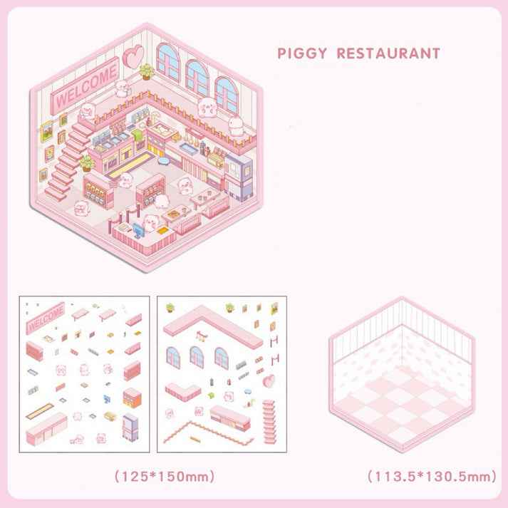 Cute Animal 4.0 3D Isometric Room Stickers - 8 Theme Sets: Sheep Hut | Rabbit Class | Dogs Bookstore | Bear Workshop | Piggy Restaurant | Devil Cat | Mouse House | Raccoon Noodle Shop