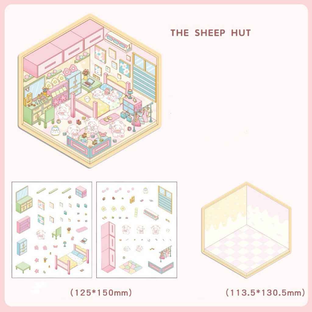 Cute Animal 4.0 3D Isometric Room Stickers - 8 Theme Sets: Sheep Hut | Rabbit Class | Dogs Bookstore | Bear Workshop | Piggy Restaurant | Devil Cat | Mouse House | Raccoon Noodle Shop