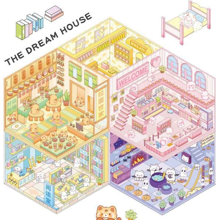 Cute Animal 4.0 3D Isometric Room Stickers - 8 Theme Sets: Sheep Hut | Rabbit Class | Dogs Bookstore | Bear Workshop | Piggy Restaurant | Devil Cat | Mouse House | Raccoon Noodle Shop