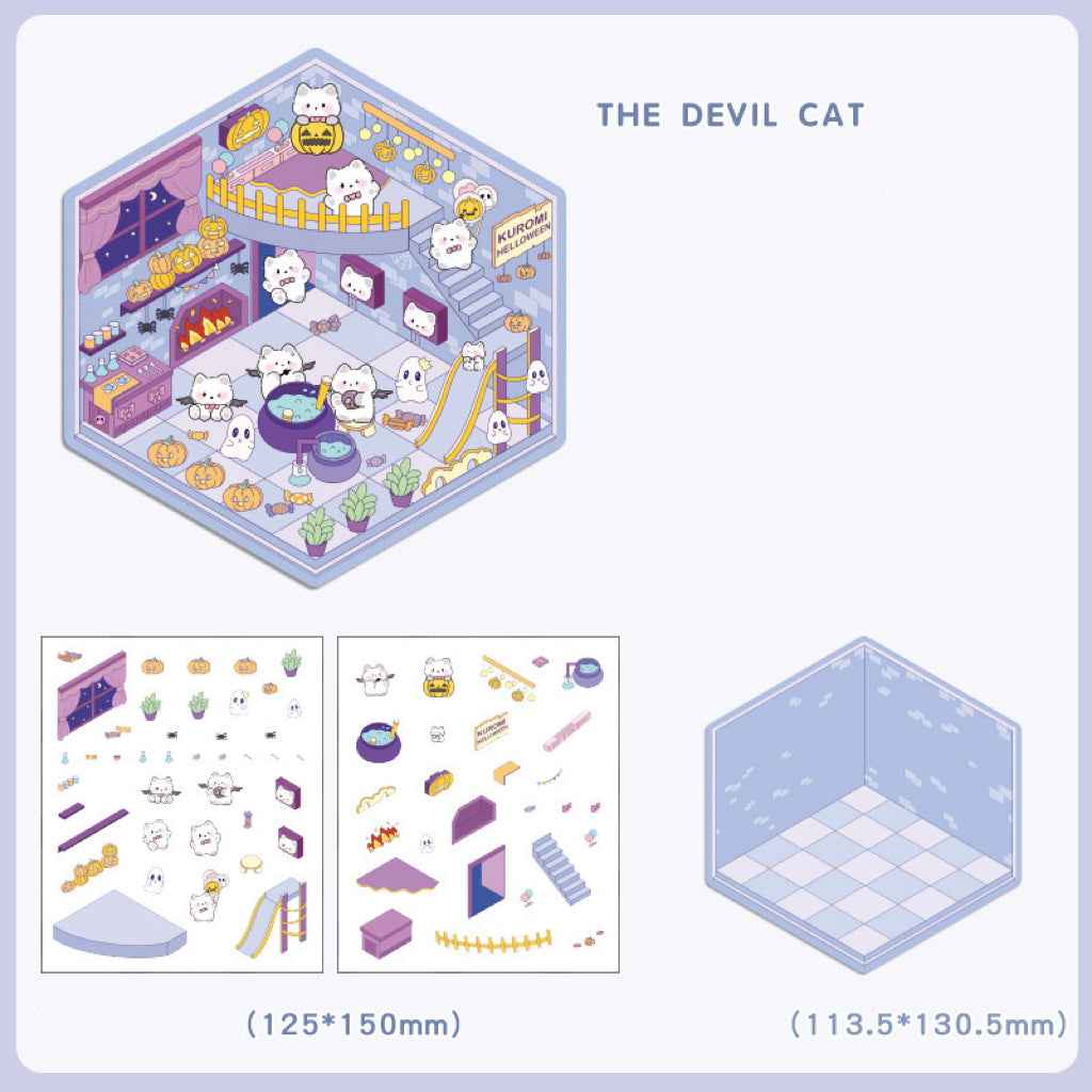 Cute Animal 4.0 3D Isometric Room Stickers - 8 Theme Sets: Sheep Hut | Rabbit Class | Dogs Bookstore | Bear Workshop | Piggy Restaurant | Devil Cat | Mouse House | Raccoon Noodle Shop